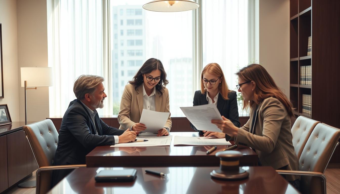 Family examining legal documents together